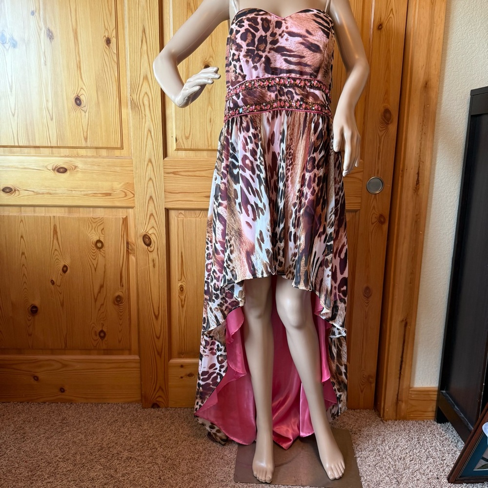 Deb Y2K Party Prom Dress Leopard Print Size 16/17 Pink Satin Bejeweled